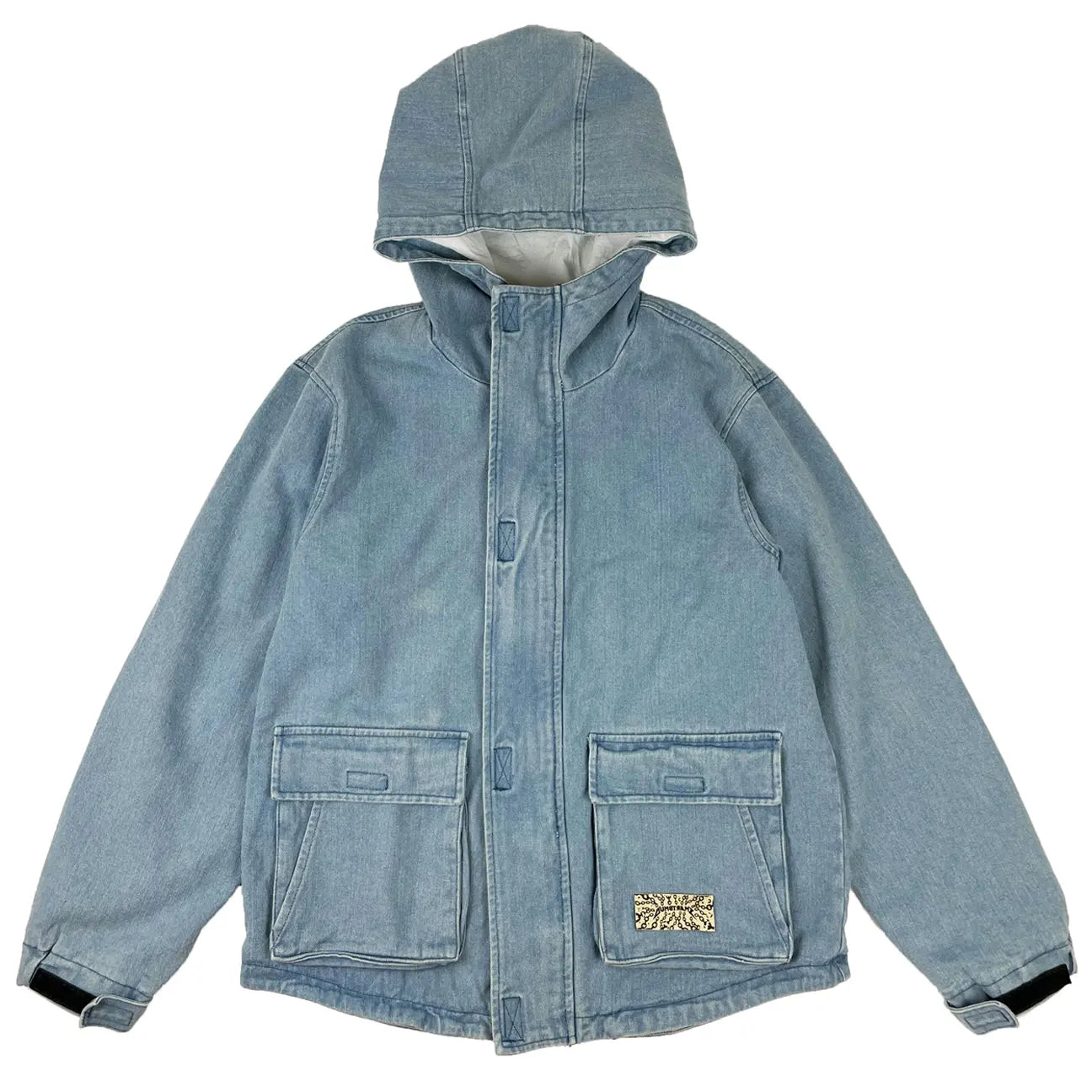 Front view of Men's Denim Hooded Jacket Coat by Dumbsmart New York