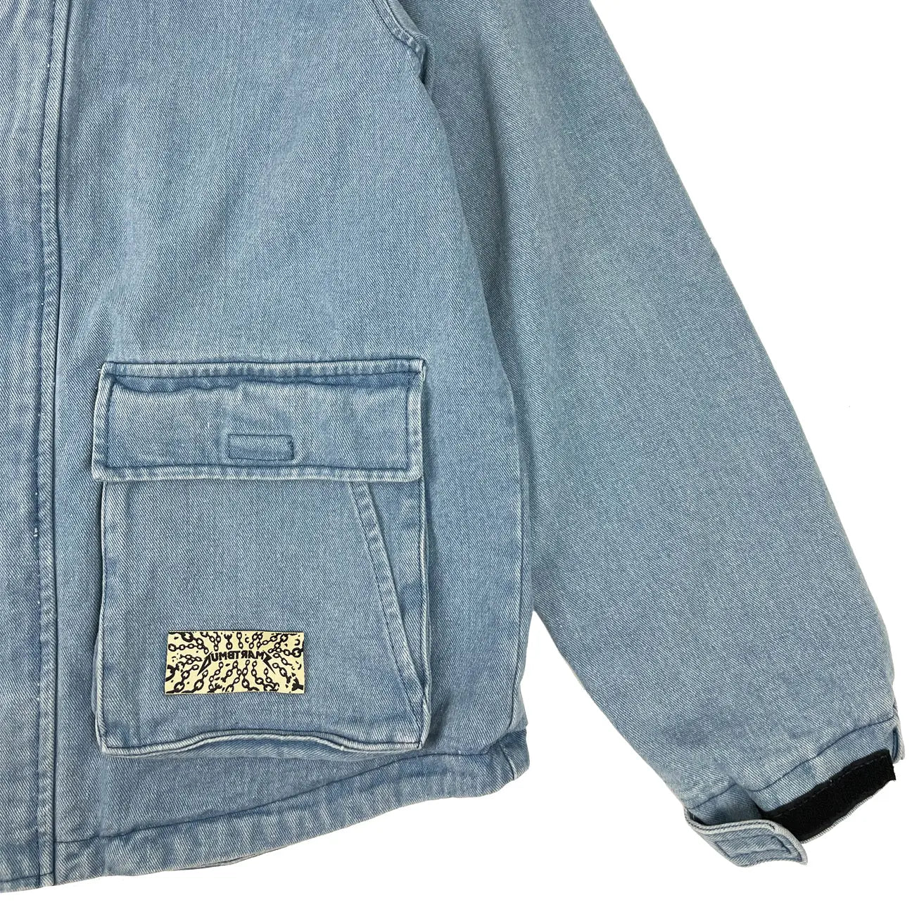 Close up on pocket of Men's Denim Hooded Jacket Coat by Dumbsmart New York