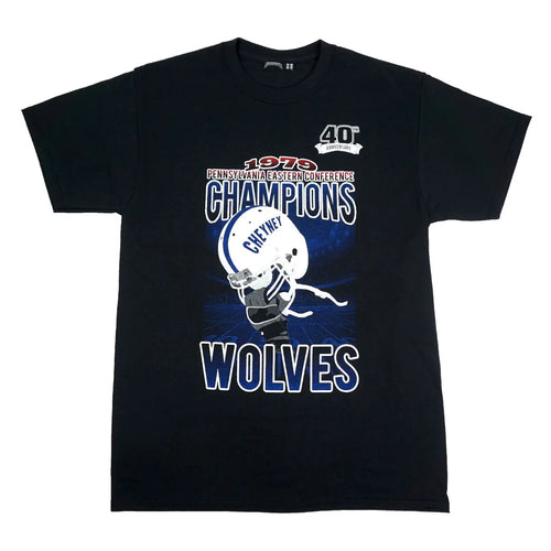 Front view of 40th Anniversary Wolfpack Short Sleeve Black T Shirt by Dumbsmart New York