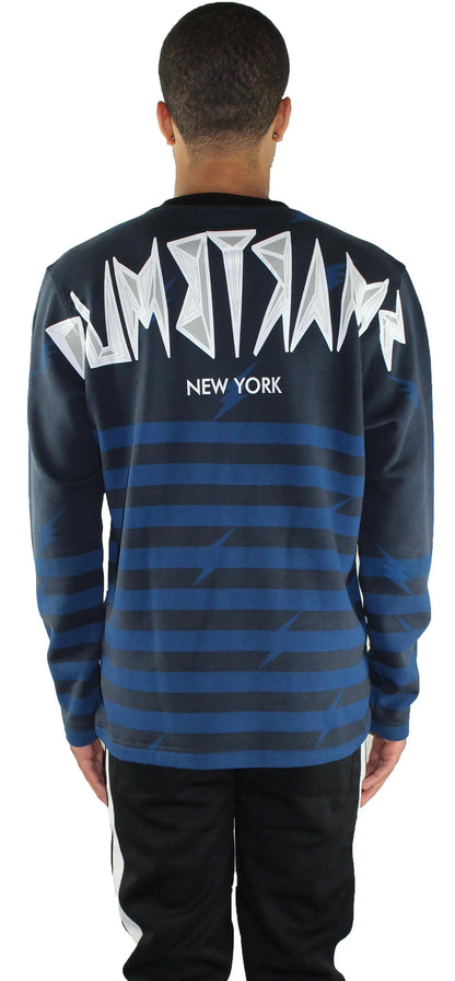 Back view of model wearing Blue Stripe Crewneck Sweater by Dumbsmart New York
