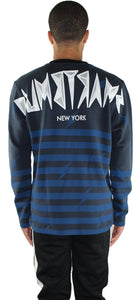 Back view of model wearing Blue Stripe Crewneck Sweater by Dumbsmart New York