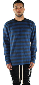 Front view of model wearing Blue Stripe Crewneck Sweater by Dumbsmart New York