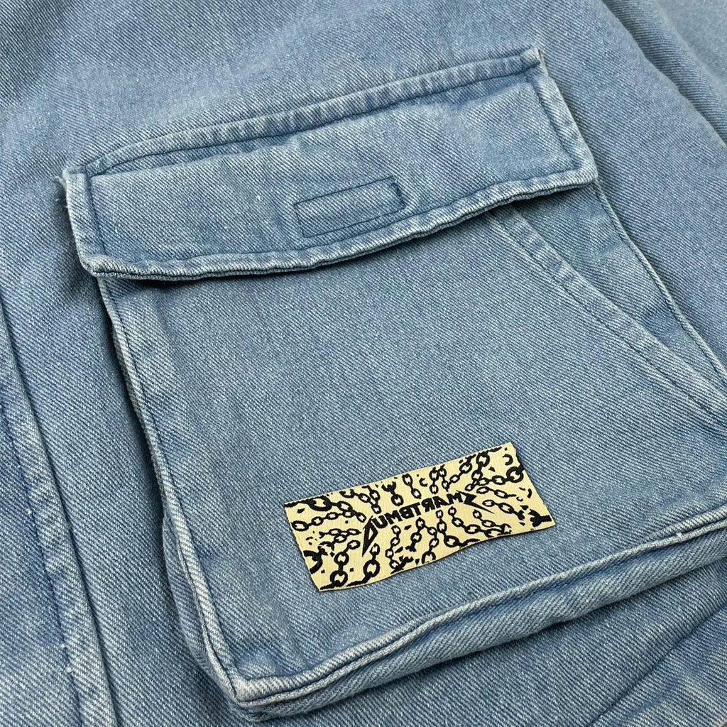 Close up of pocket of Men's Denim Hooded Jacket Coat by Dumbsmart New York