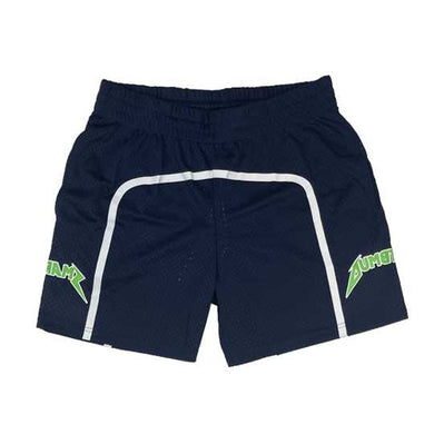 Front view of Navy Blue Mesh Activewear Basketball Shorts by Dumbsmart New York