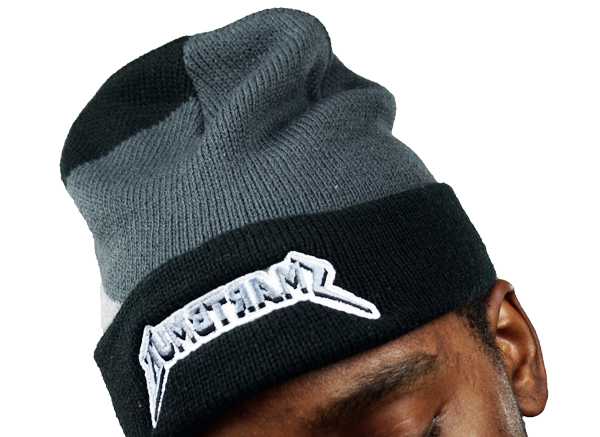 Model wearing Grey Gray and Black Logo Beanie by Dumbsmart New York