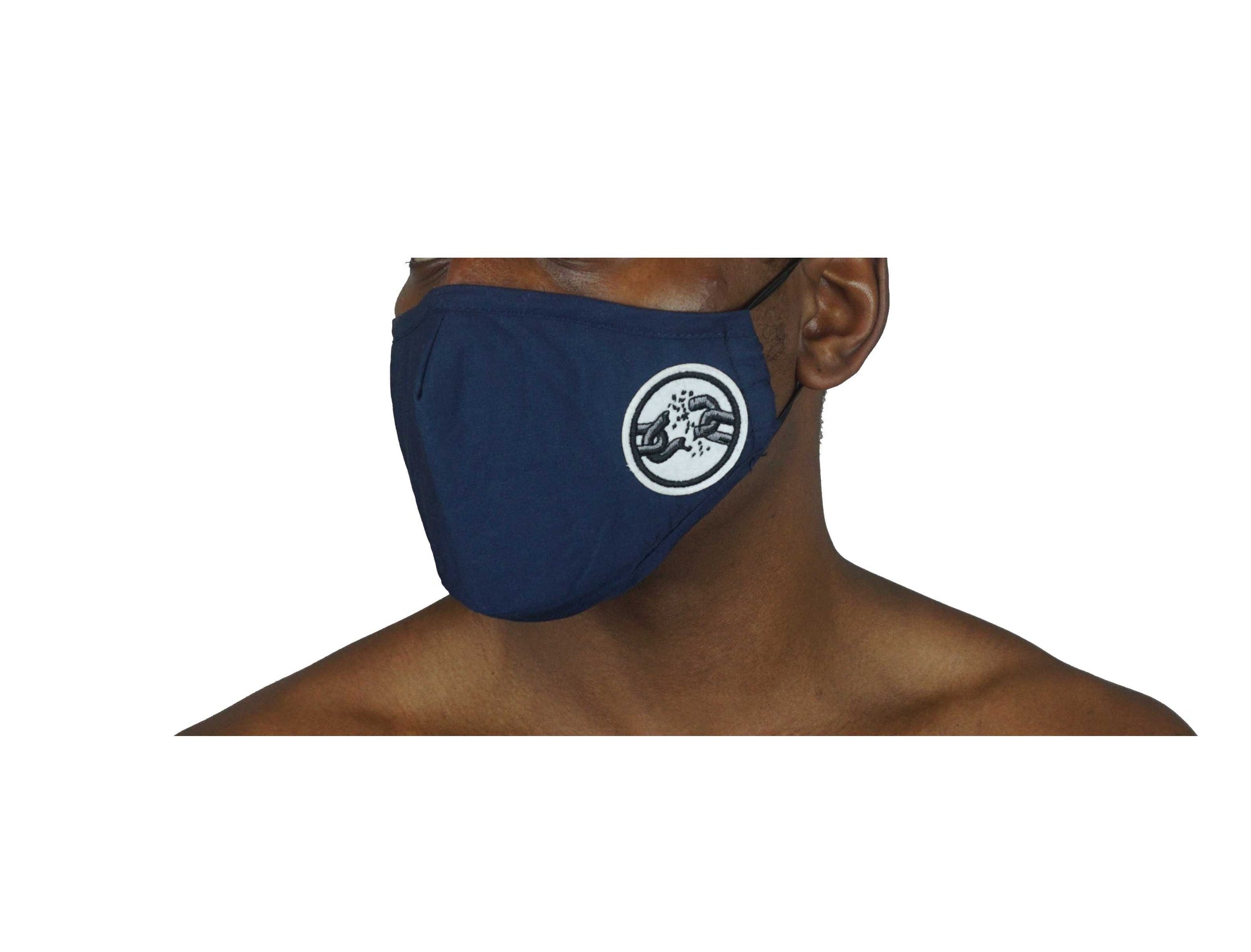 Model wearing Navy Blue Logo Covid-19 Mask by Dumbsmart New York