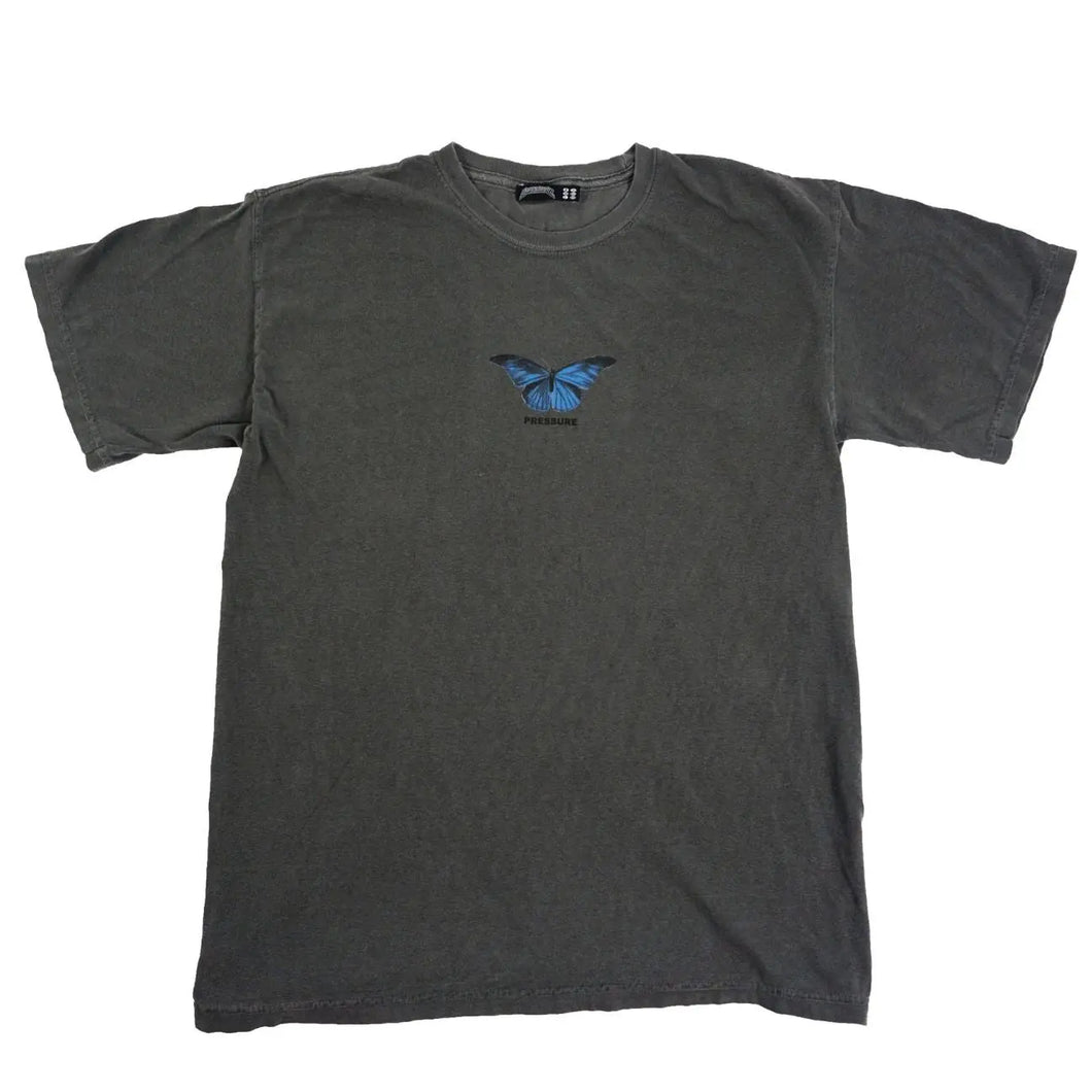 Front view of Pepper Black Pressure Butterfly T Shirt by Dumbsmart New York