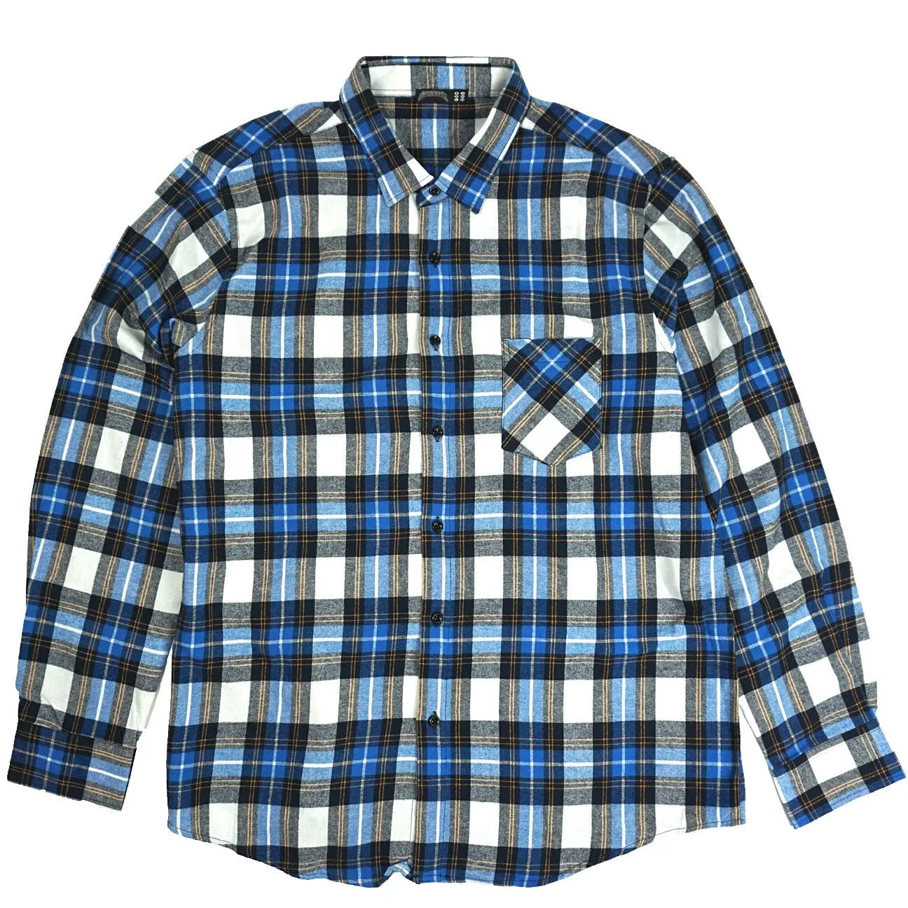 Front view of Blue, Yellow, Black and White Plaid Flannel by Dumbsmart New York