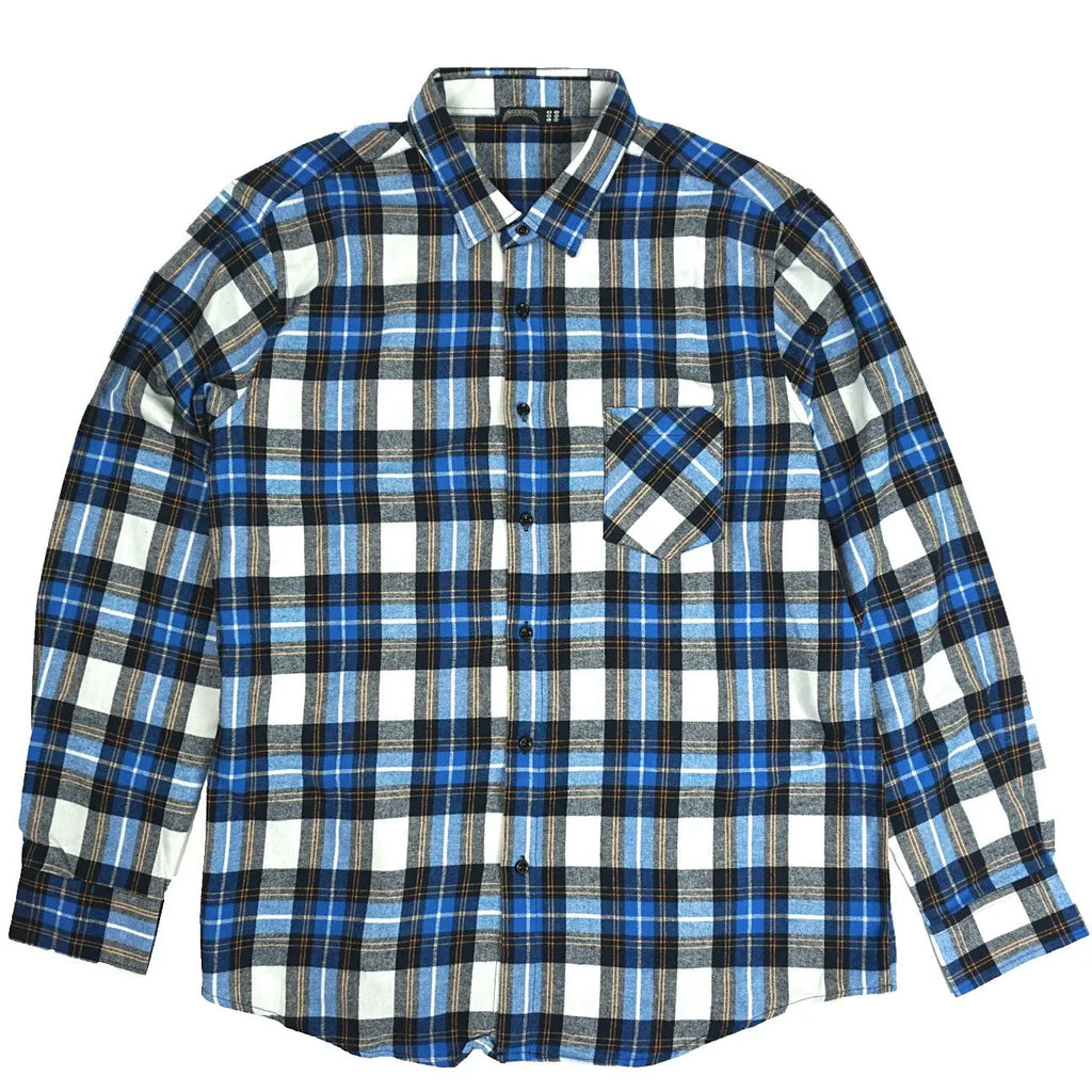 Front view of Blue, Yellow, Black and White Plaid Flannel by Dumbsmart New York