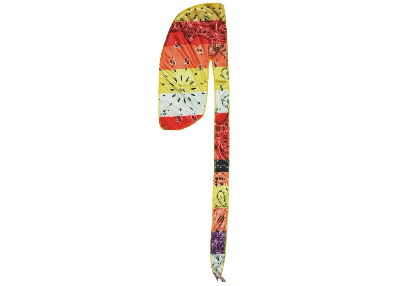 Side view of Yellow, Red, White, Black , Purple Gradient Bandana Silky Durag by Dumbsmart New York